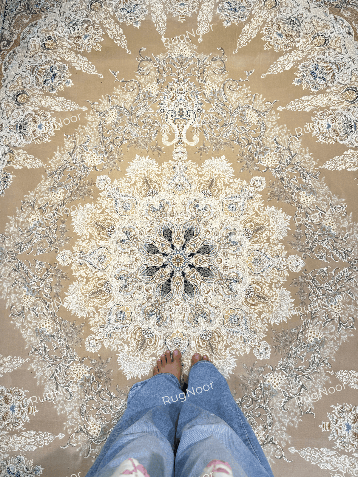 Overhead view of Warda's ornate central floral medallion on a warm beige field, RugNoor.