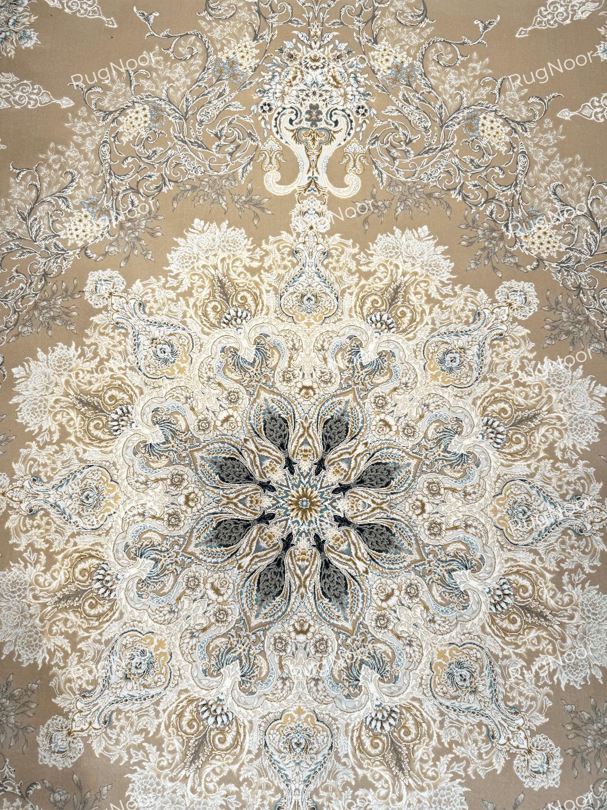 Close-up of Warda's central medallion surrounded by dense ivory floral ornamentation on beige, RugNoor.