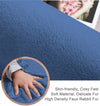 Blue rabbit fur surface with a close-up of a hand touching it, and text describing the material.