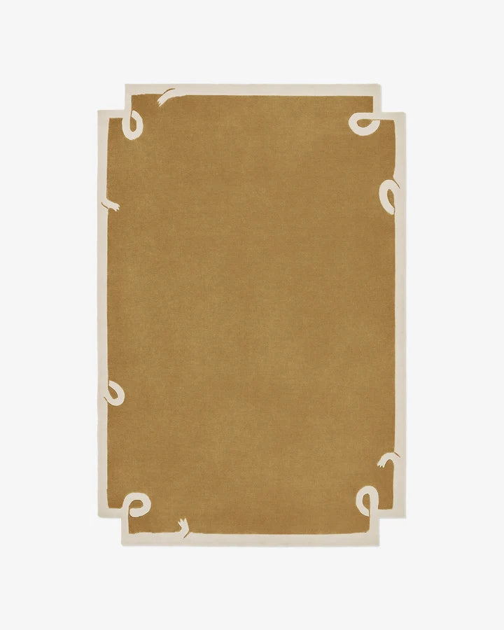 Hand tufted mustard wool rug featuring a sculpted stepped border and minimalist curled corner details.