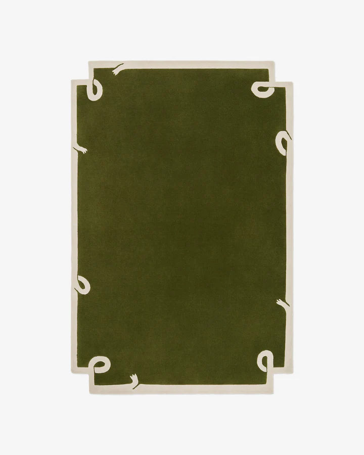 Hand tufted olive green wool rug featuring a sculpted stepped border with minimalist curled corner accents.