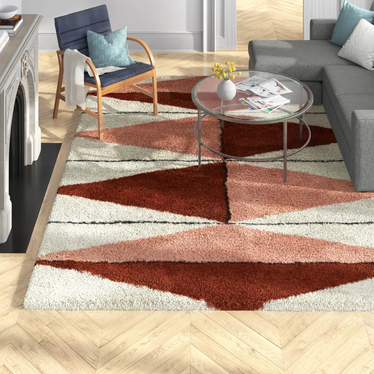 Terracotta Diamond Modern Shaggy Rug