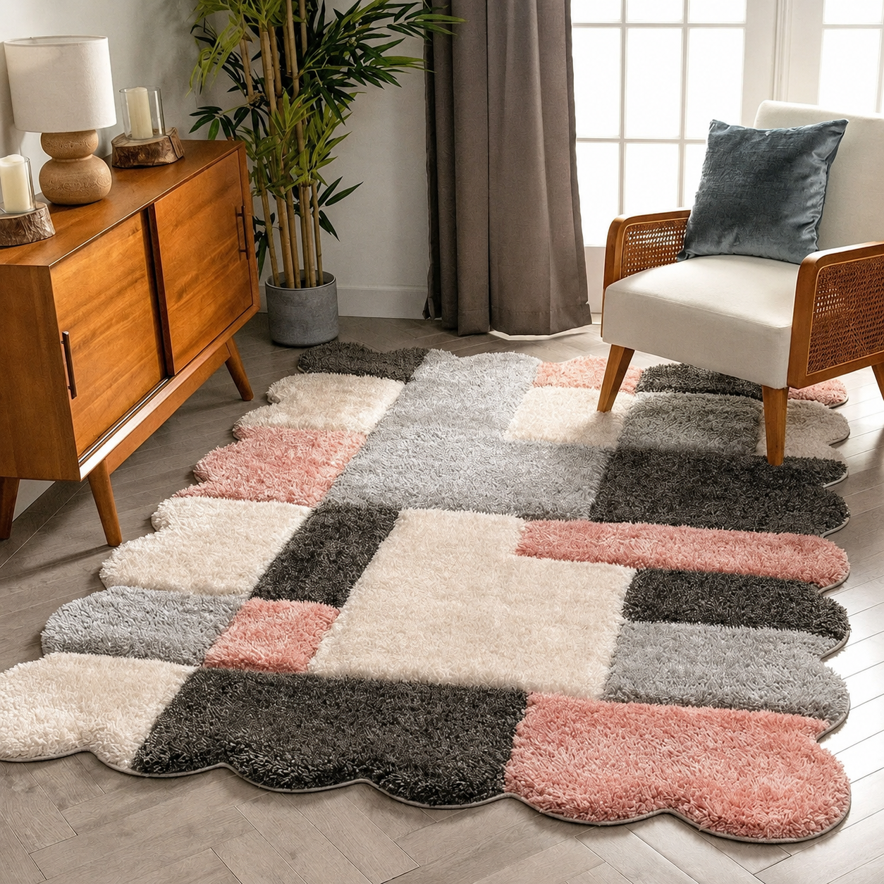 A modern shag area rug with a geometric patchwork design in cream, gray, black, and dusty pink, styled in a bright living room next to a mid-century sideboard and a white armchair.
