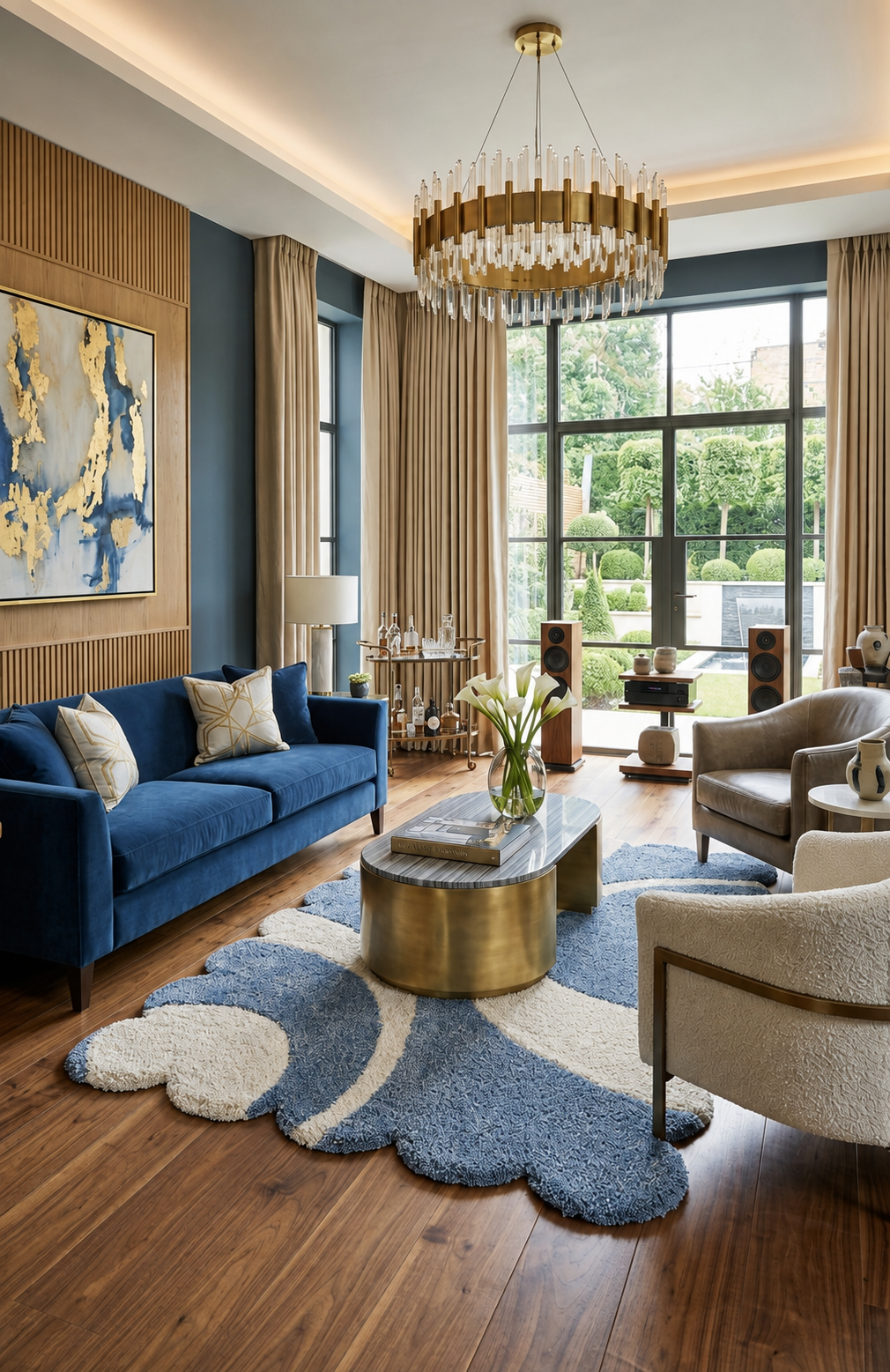 A luxury modern living room featuring a deep blue velvet sofa, a matching blue and white scalloped area rug, a round metallic gold coffee table, and a large crystal chandelier hanging from a high ceiling.