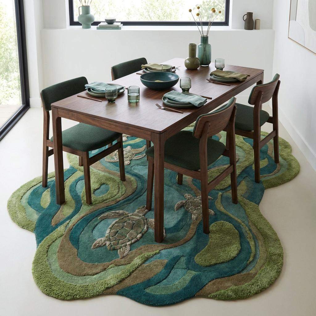 Dining room with a wooden table and chairs on a decorative rug featuring a turtle design.