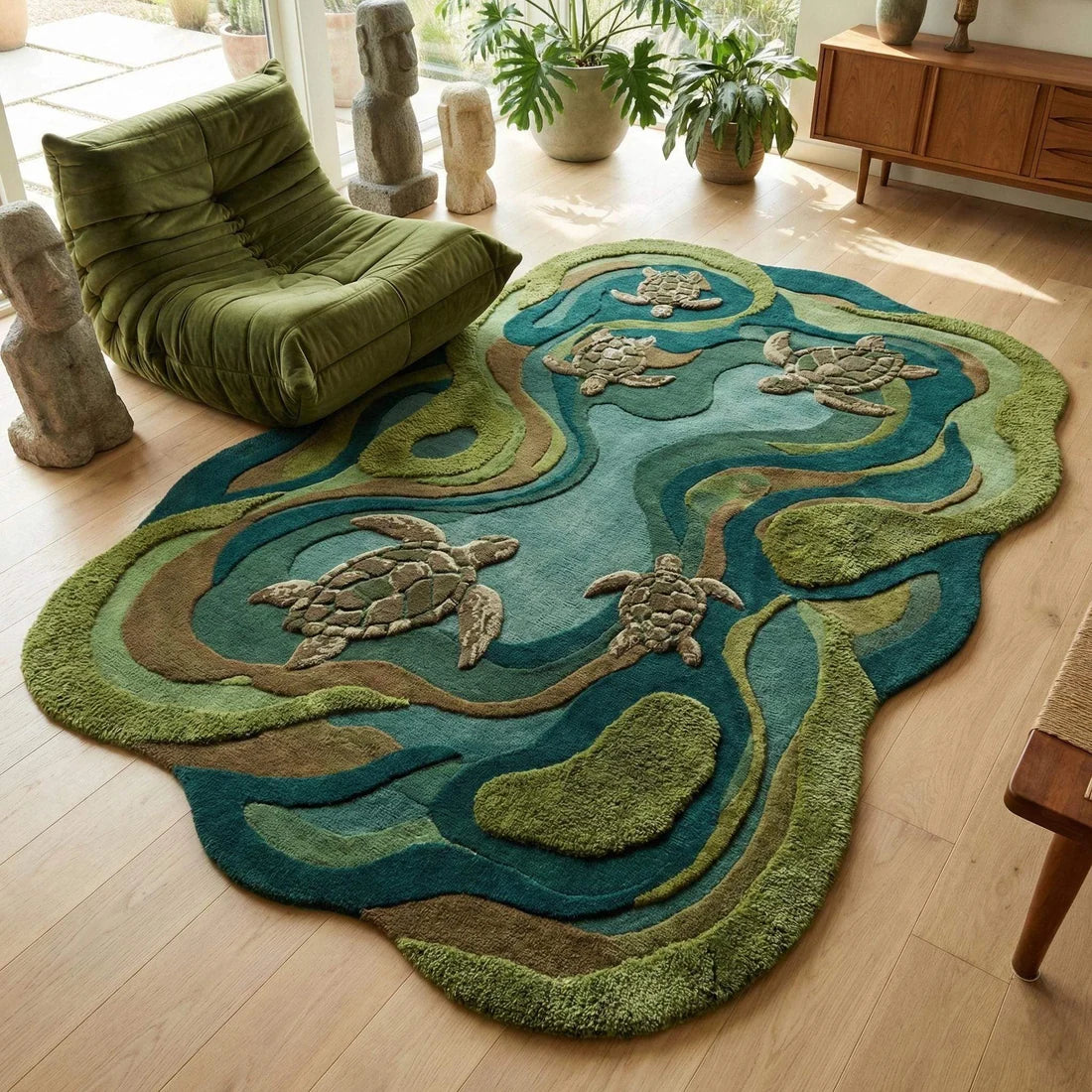 Decorative rug with turtle design on a wooden floor, green chair nearby