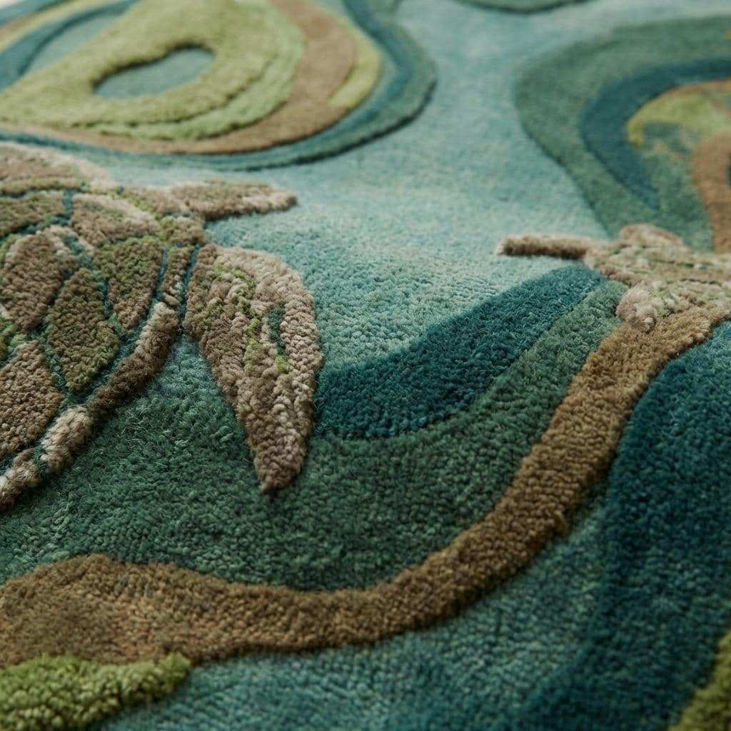 Close-up of a plush area rug with a raised sea turtle design in shades of teal, blue-green, tan, and olive green.