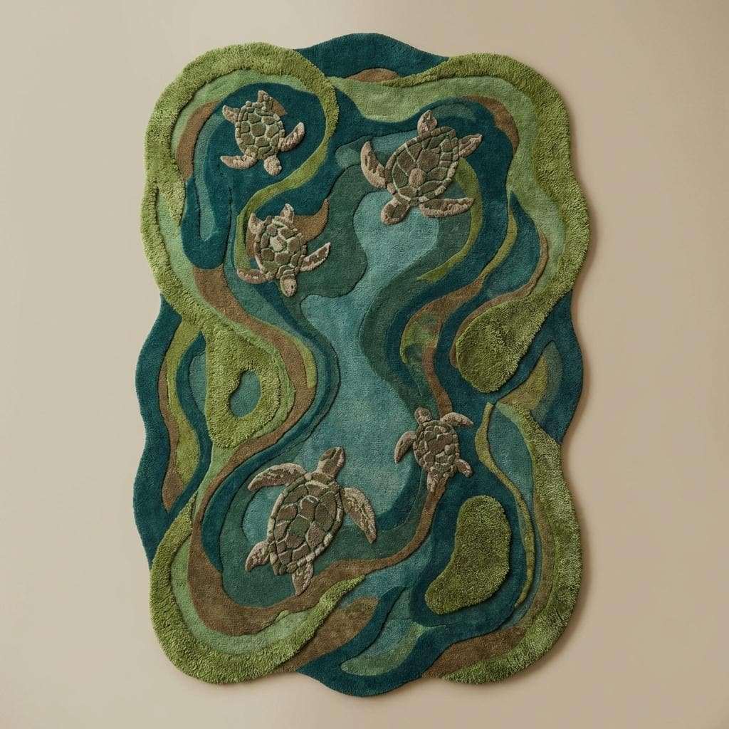 Decorative rug with turtle design on a beige background