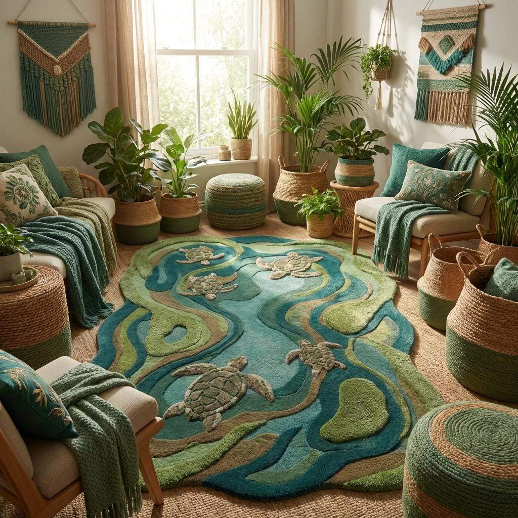 Living room with a turtle-themed rug, plants, and cozy furniture.