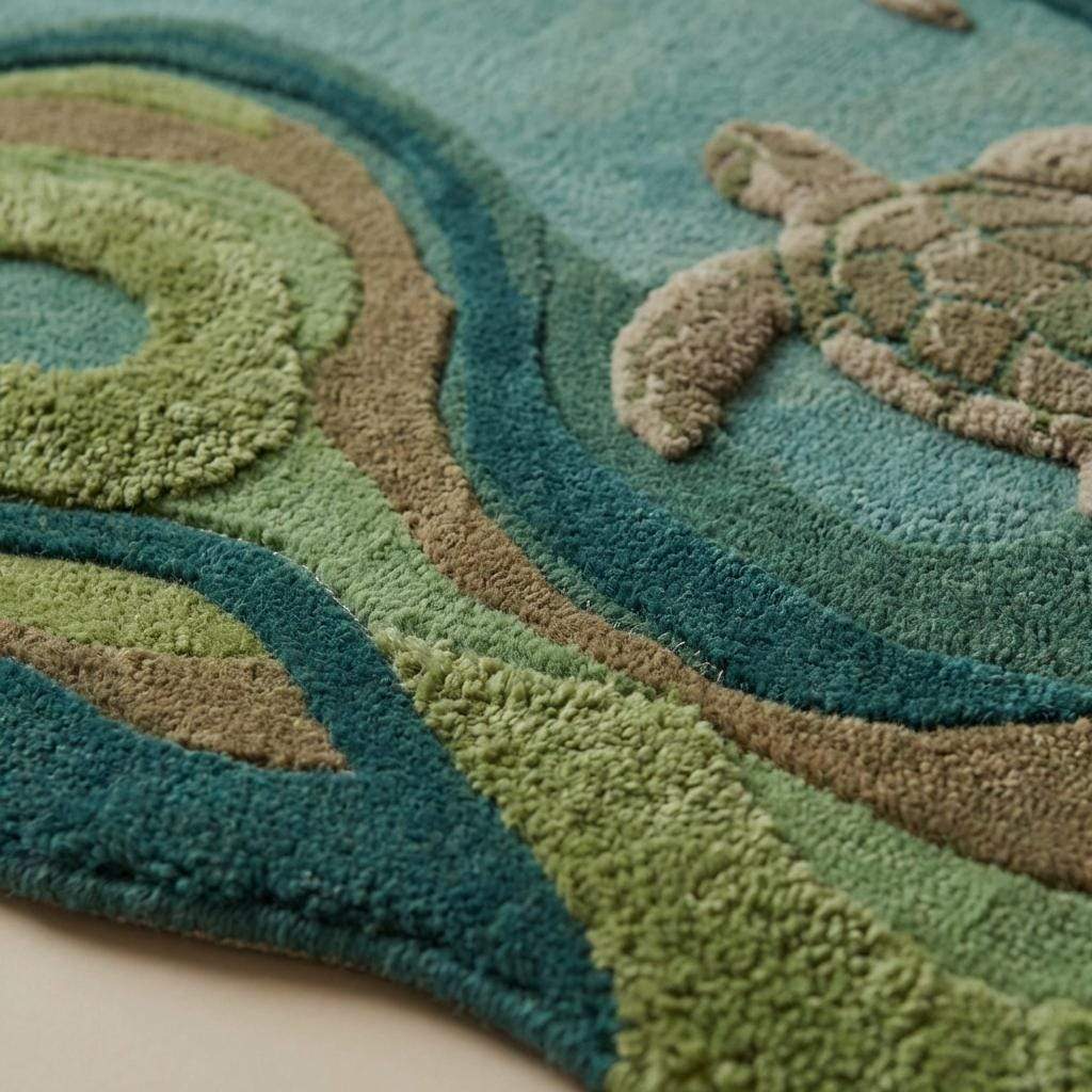 Close-up of a plush, textured area rug featuring a sea turtle design and layered wavy patterns in shades of teal, green, and tan.