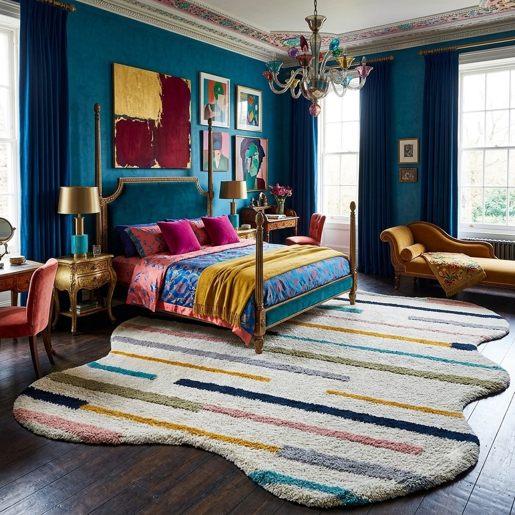 A large, irregularly shaped shag area rug with horizontal multicolor stripes in cream, blue, yellow, pink, and gray, styled in a vibrant, richly decorated bedroom with deep teal walls and a gold four-poster.
