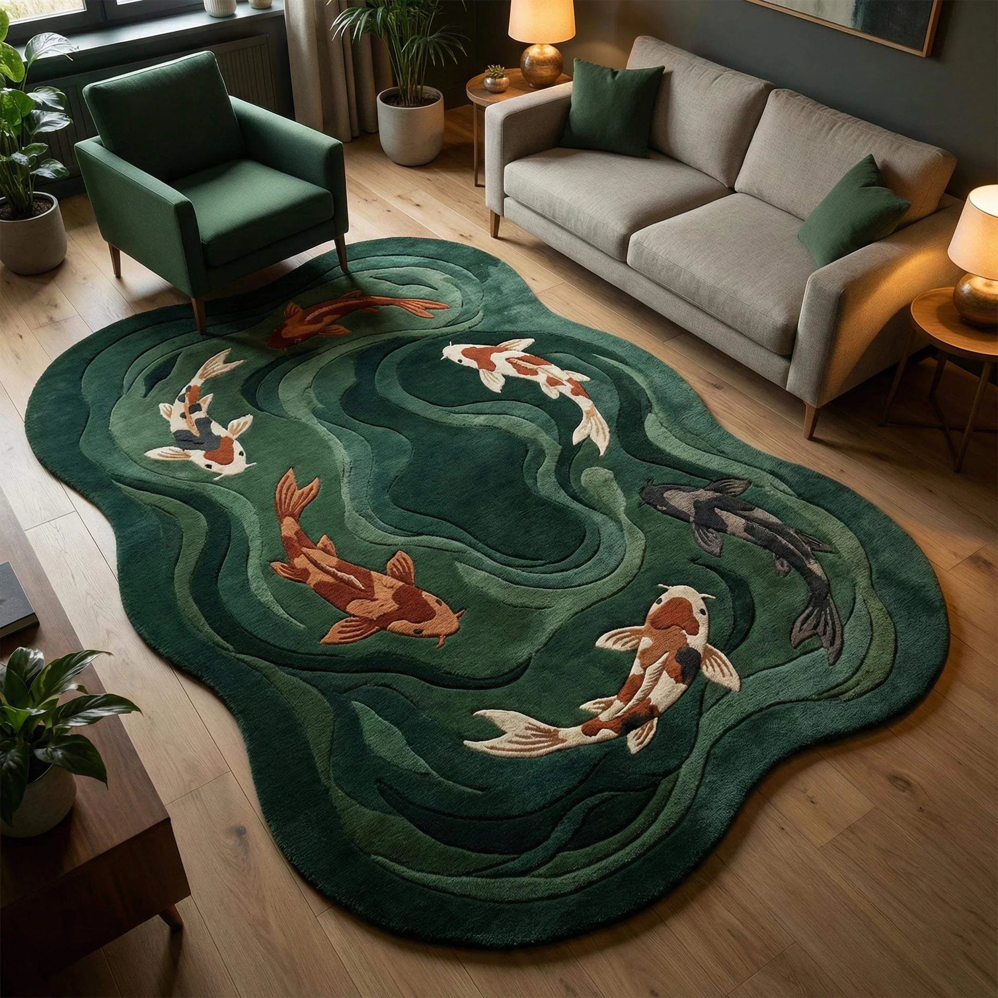 An irregularly shaped area rug with a dark green background and raised koi fish motifs, shown in a styled living room with a sofa, armchair, lamps, and wood floor.