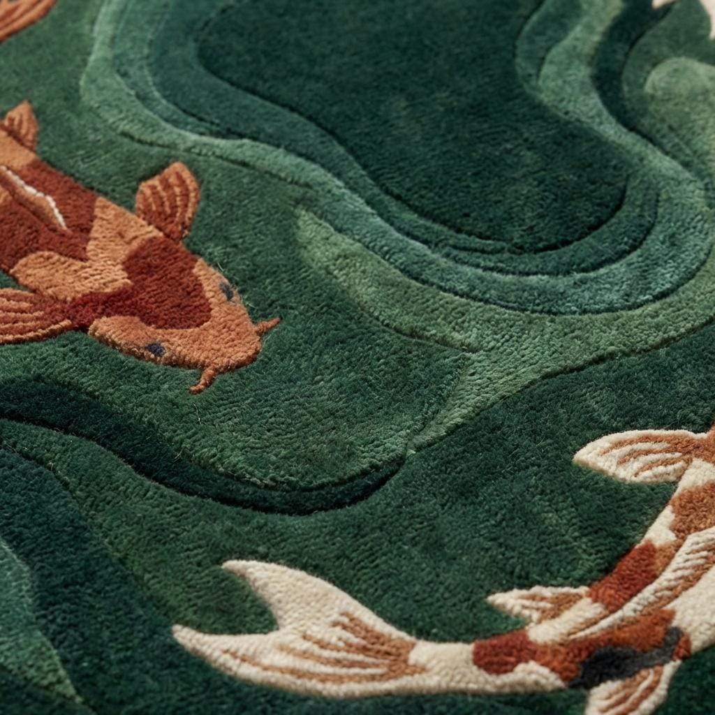 Close-up of a rug with embroidered koi fish designs on a green background