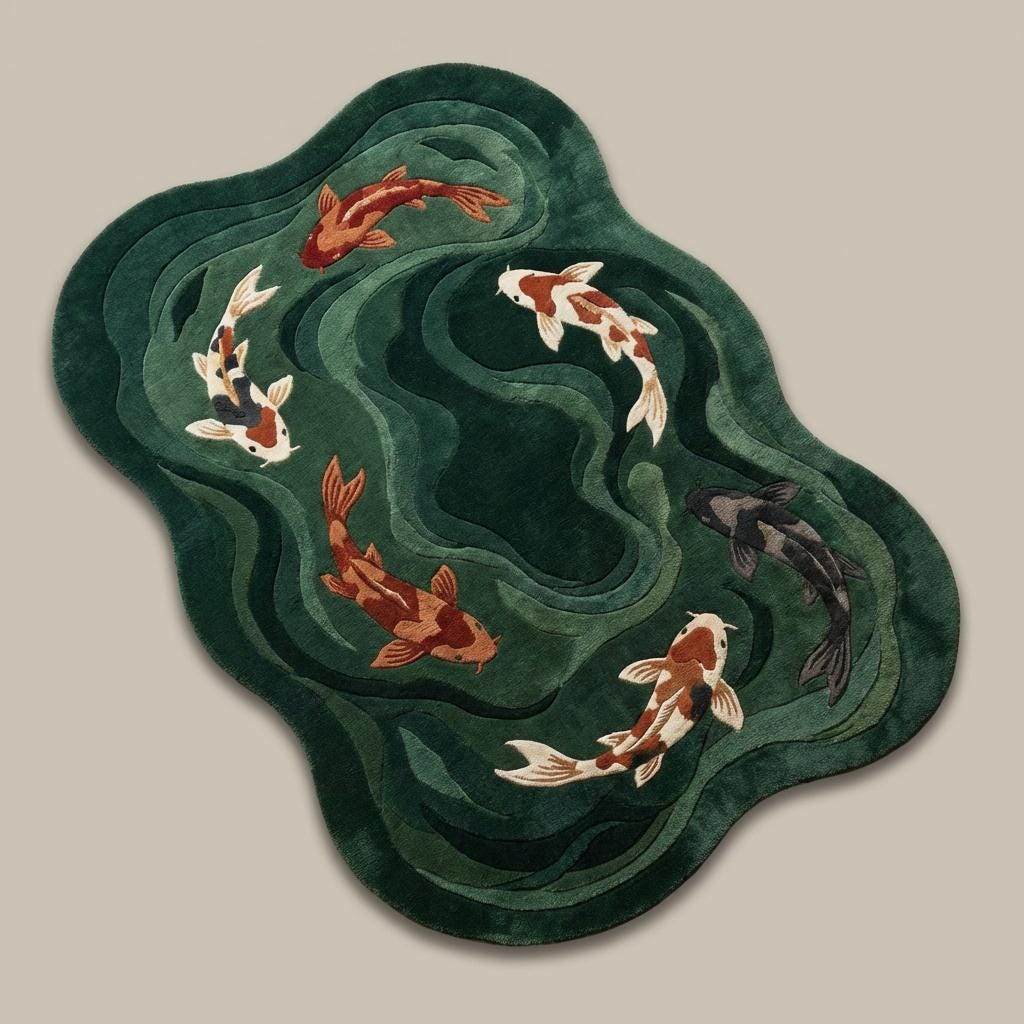 Rug with koi fish design on a plain background