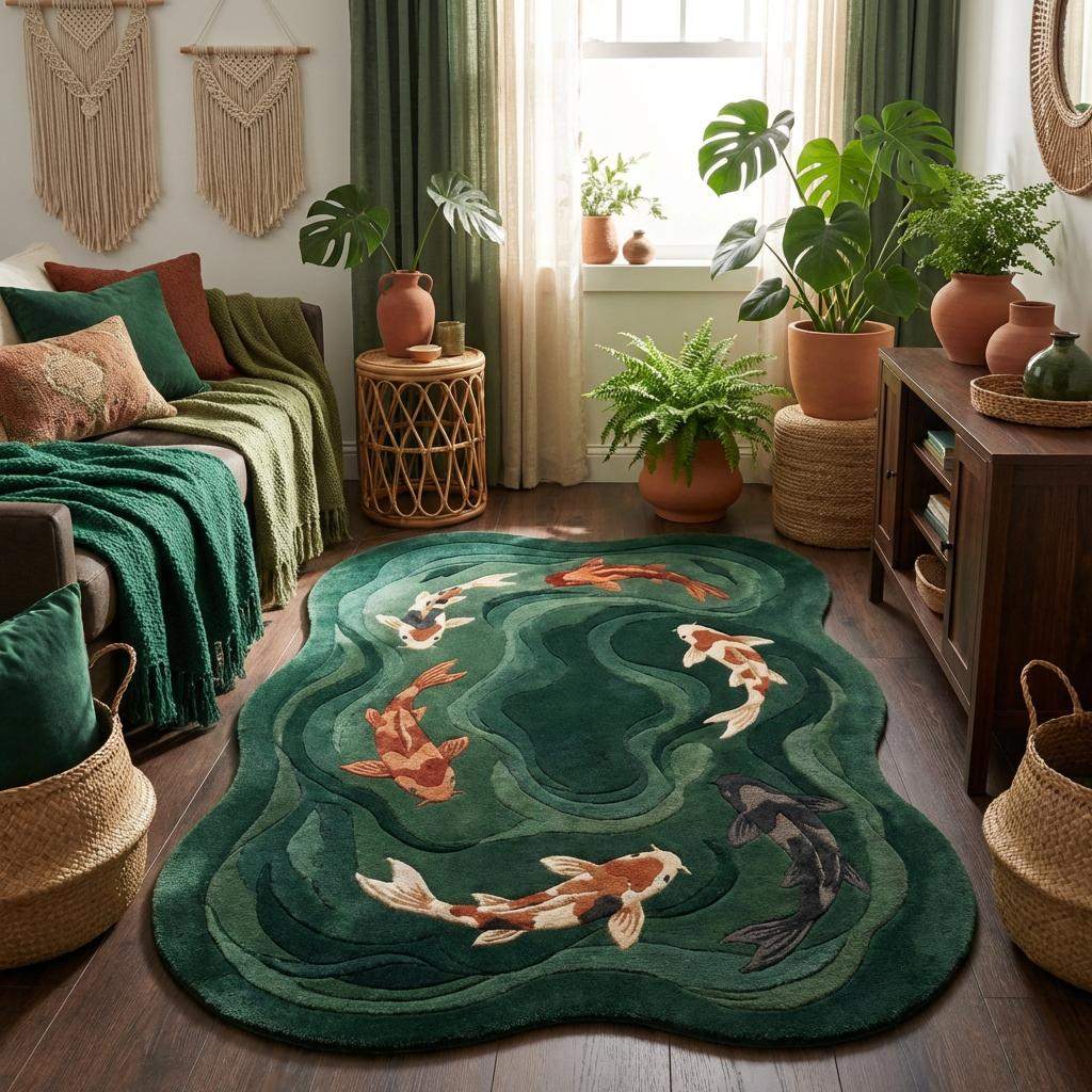Living room with a green rug featuring koi fish design, plants, and wooden furniture.