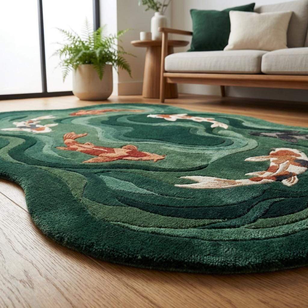 Green round rug with animal design in a living room setting