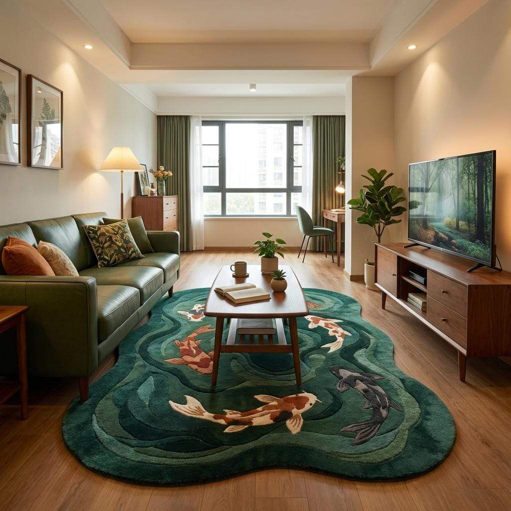Living room with a fish-themed rug, green sofa, and TV.