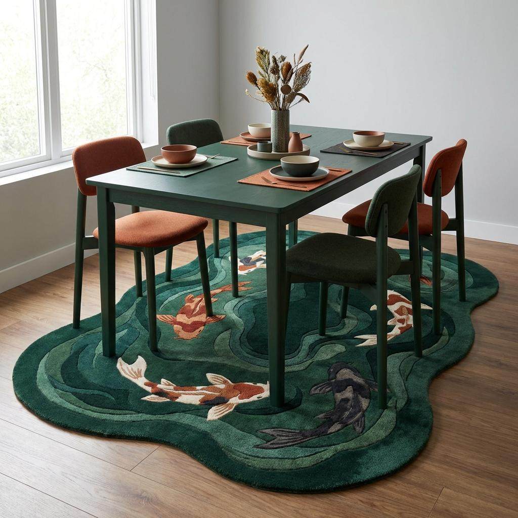 Dining table set with chairs on a decorative rug featuring fish designs in a room with large windows.