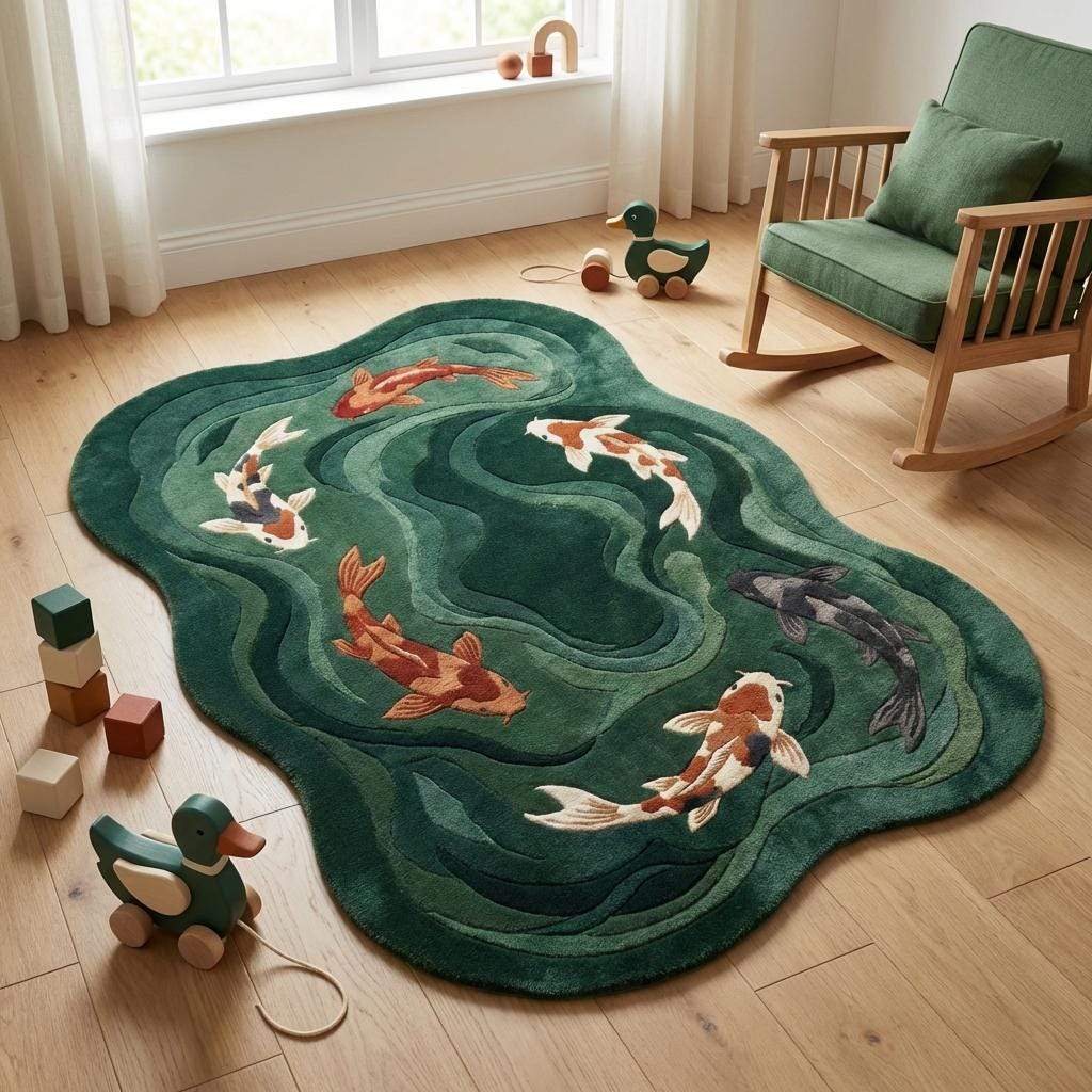 Decorative rug with fish design on a wooden floor, surrounded by toys and a rocking chair.