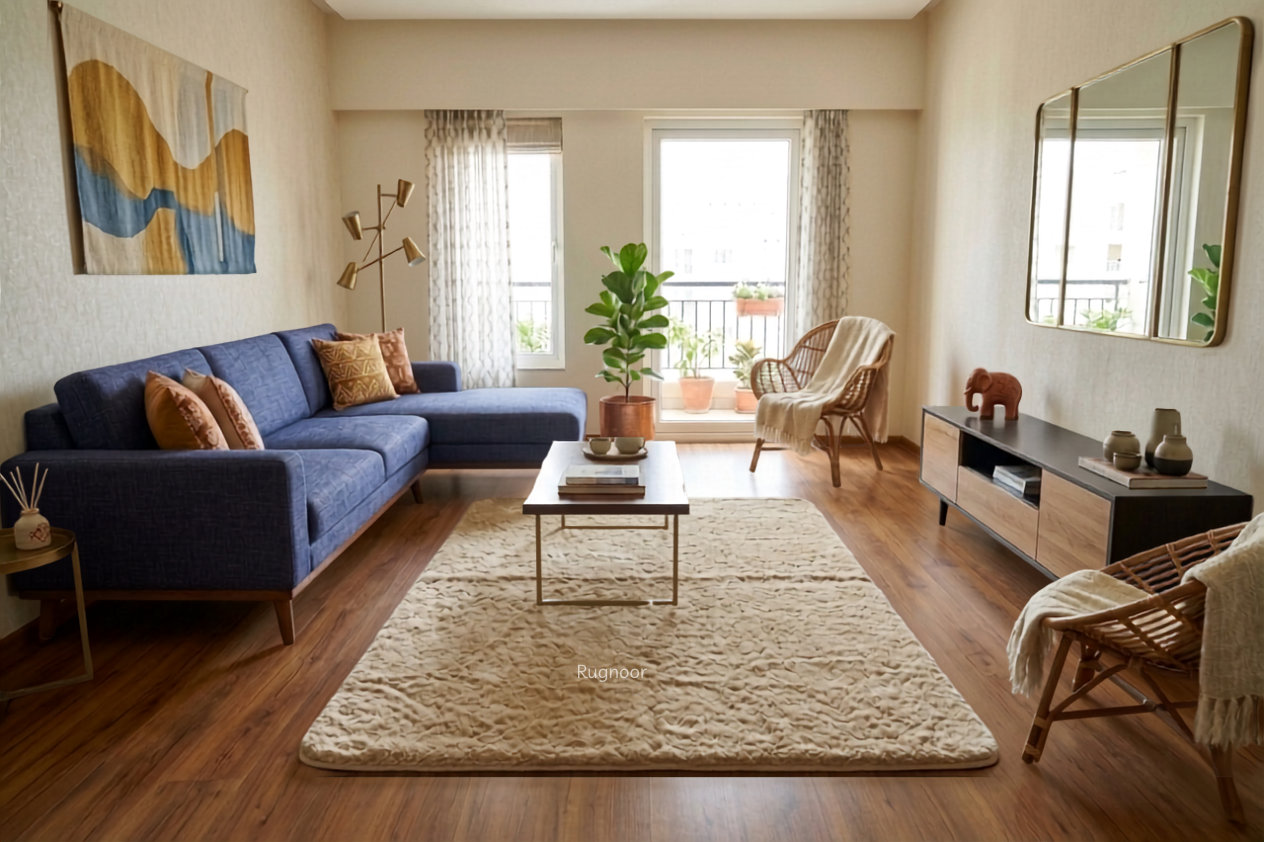 A modern living room featuring a prominent blue sectional sofa, a large beige shag area rug, a low wooden coffee table, and warm wood floors.