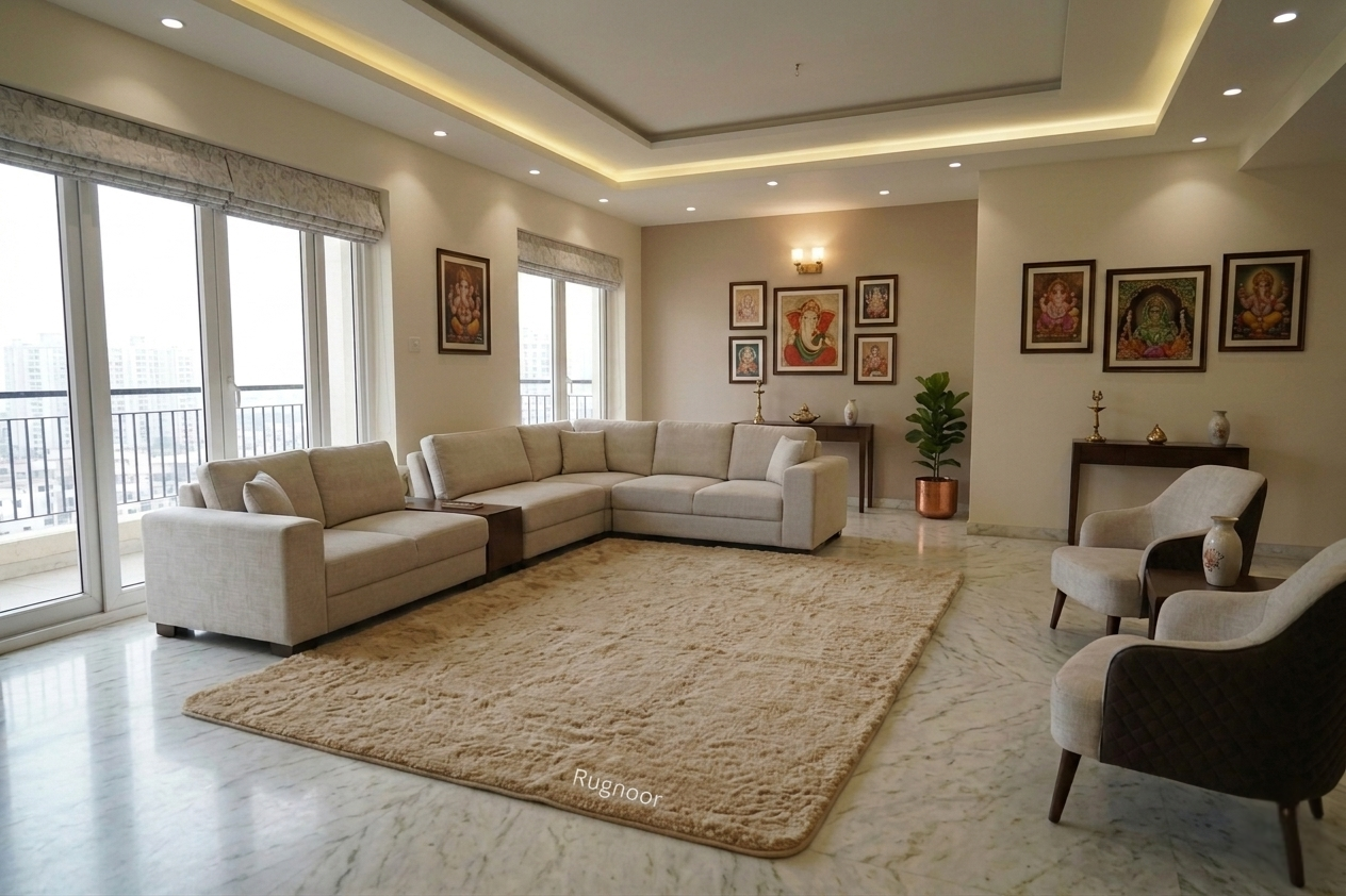 A modern living room featuring a light beige U-shaped sectional sofa, a large textured beige area rug, two accent armchairs, and framed wall art on beige walls.