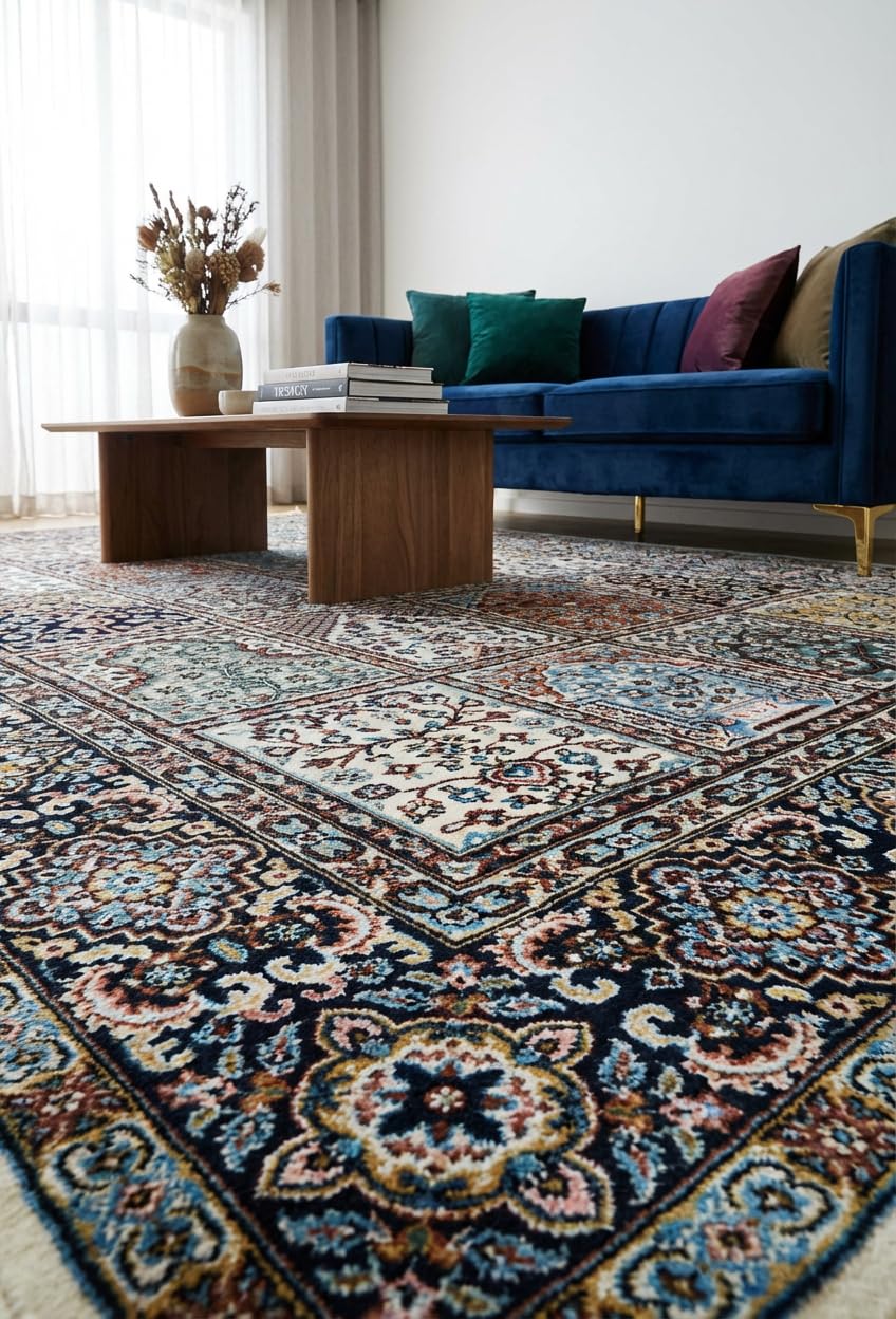 Negin Royal Frame Rug styled beneath a blue sofa in a living room