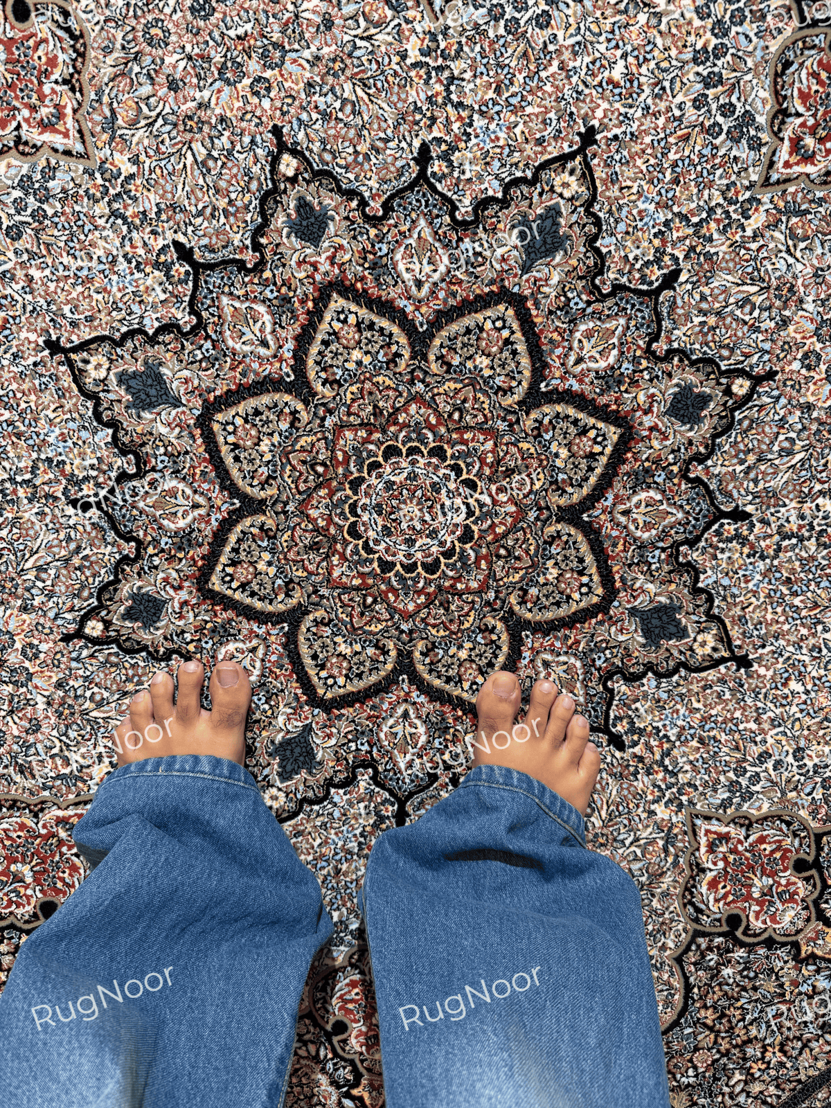 Ravzaran carpet's central medallion and surrounding floral field shown with a person's feet at the bottom for scale.