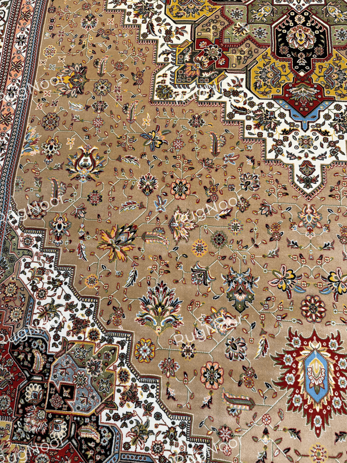 Close-up of the camel-beige Anbara carpet showing scattered floral motifs, part of the central multicolour medallion at the upper edge, and a section of the dark ornamental border.