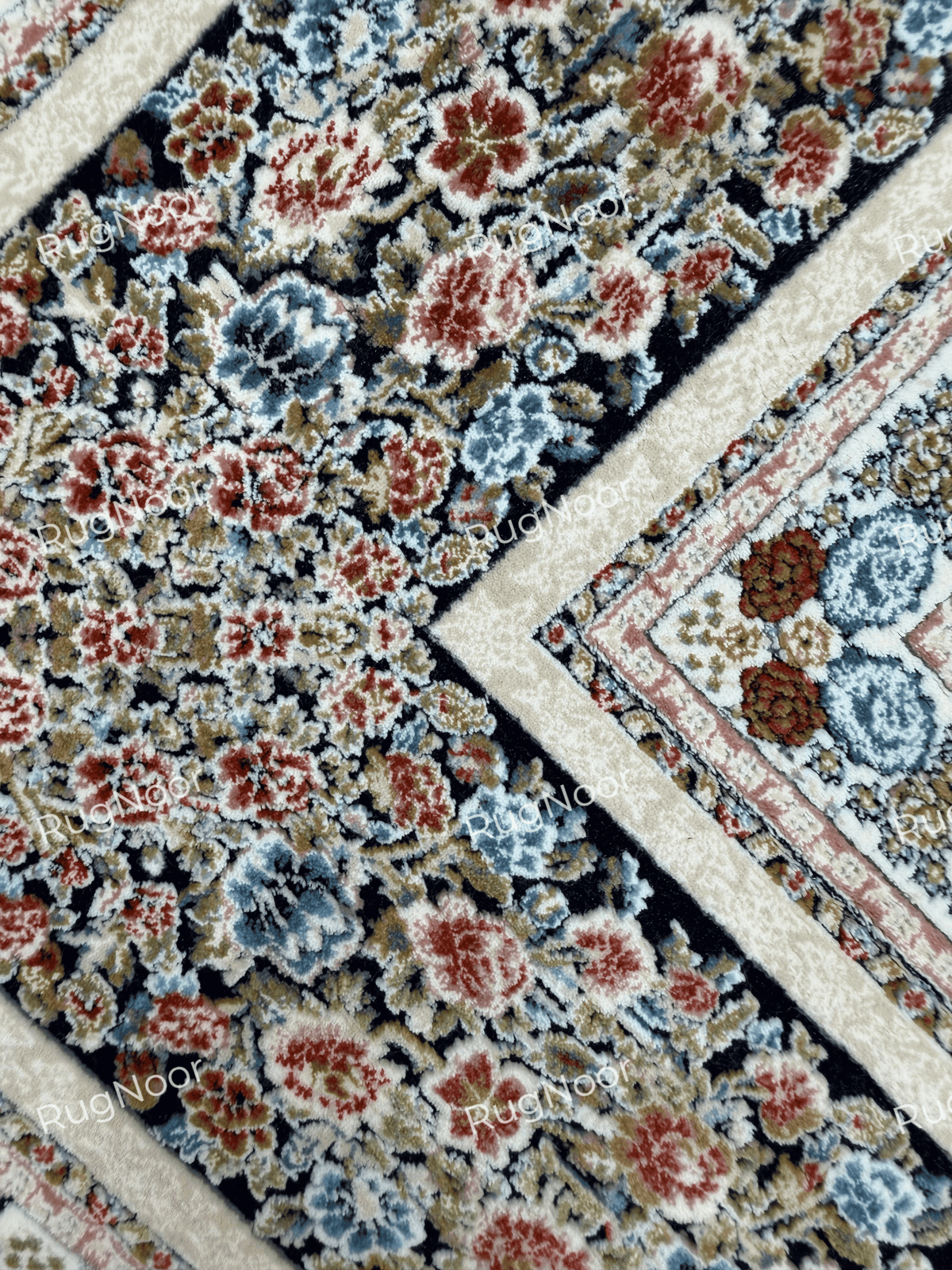 Close-up of dense floral motifs in rust, ivory, dusty blue, and muted green on the Arghavan carpet.