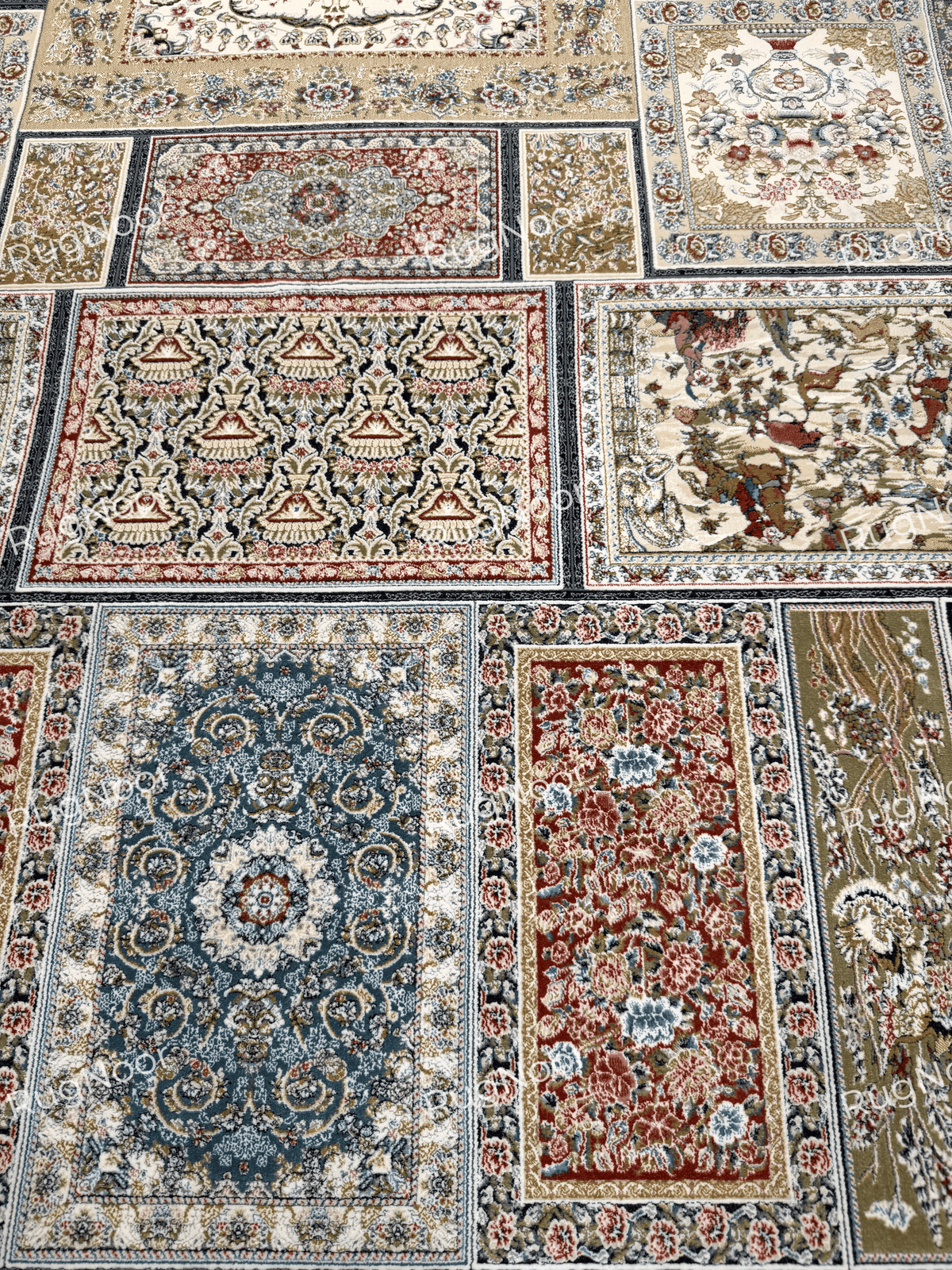 Detailed view of the Arghavan carpet's varied floral panels, including dusty-blue and burgundy sections with ornate borders.