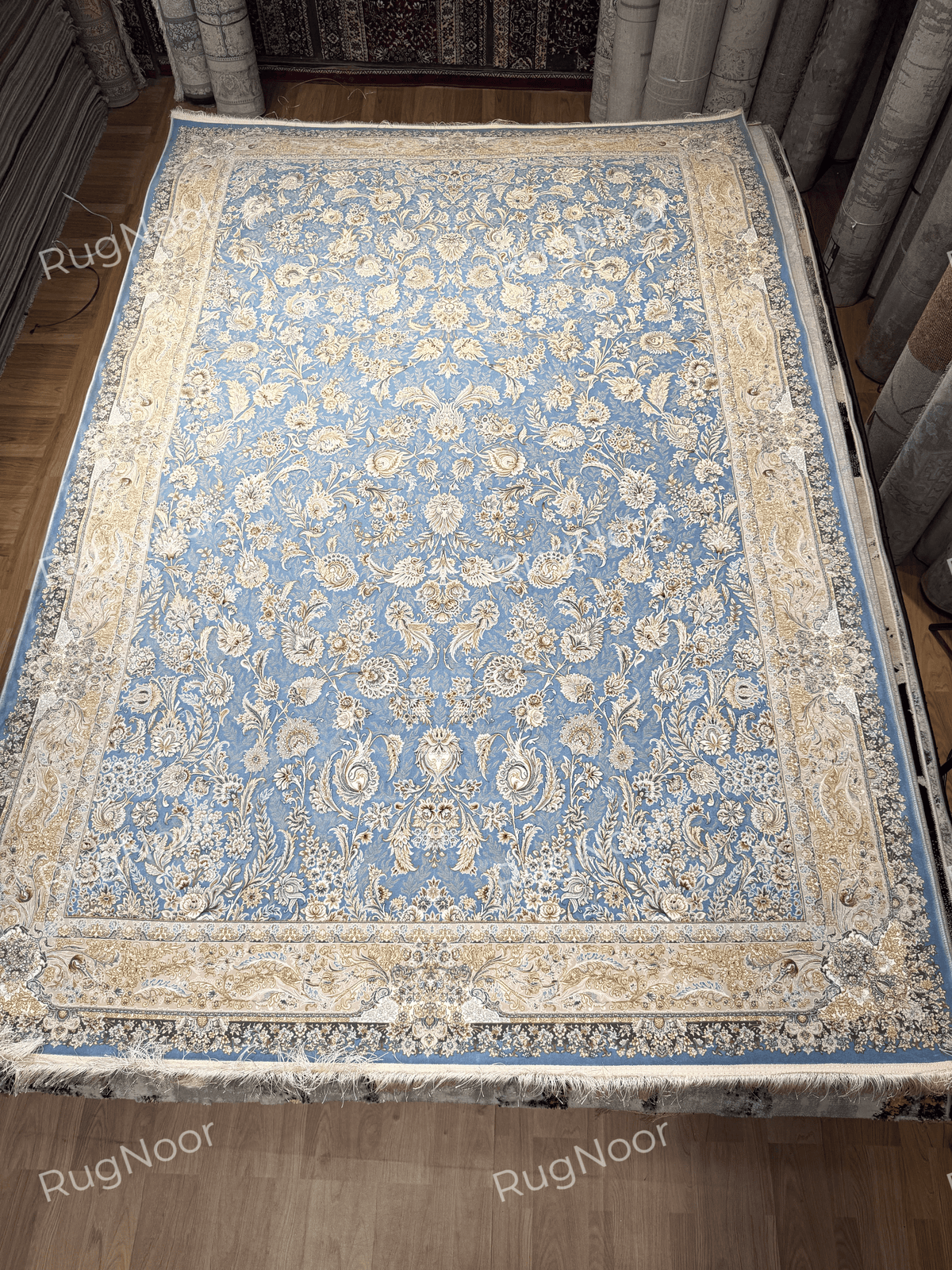 Full view of the Nardine carpet with an all-over floral design and ornate cream-and-gold border.