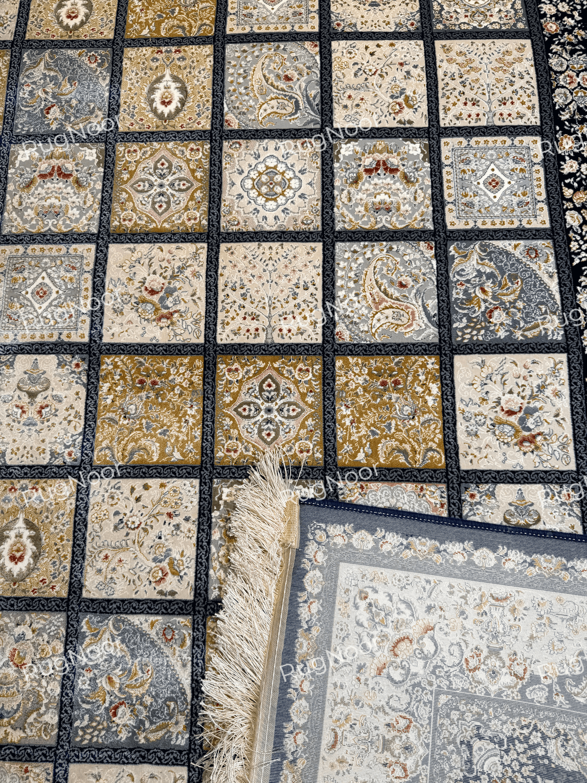 Detailed view of Parnian's decorative panels, navy edging, and backing