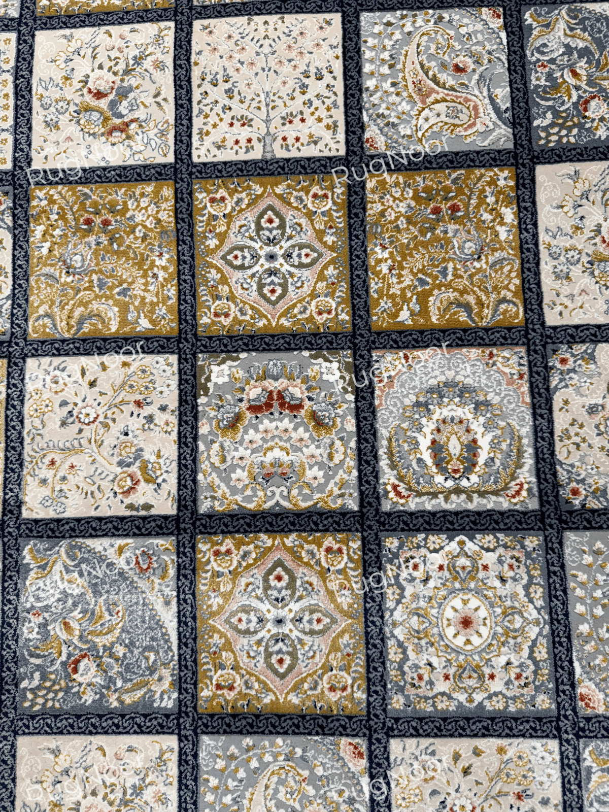 Parnian's framed ornamental panels in ivory, gold, grey, and blue.