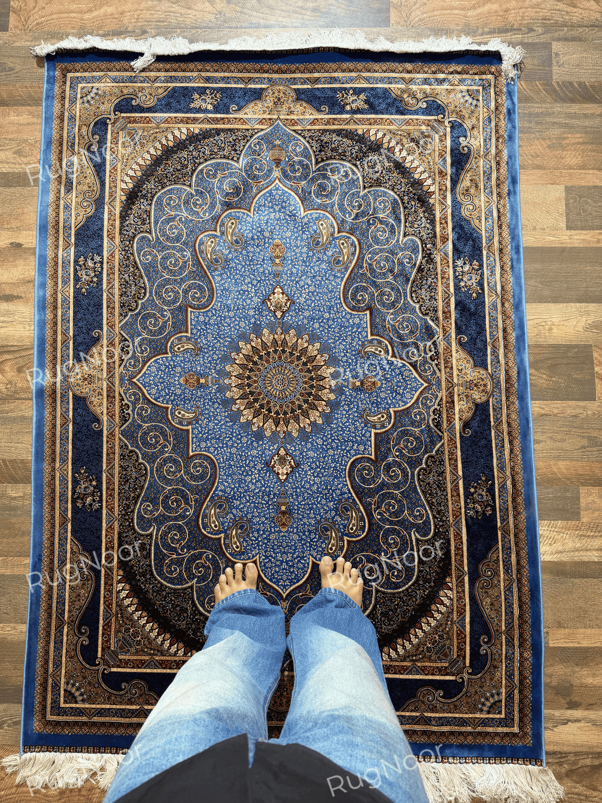 4x6 Yasamin blue Bamboo Silk carpet with an ornate central medallion and navy borders.
