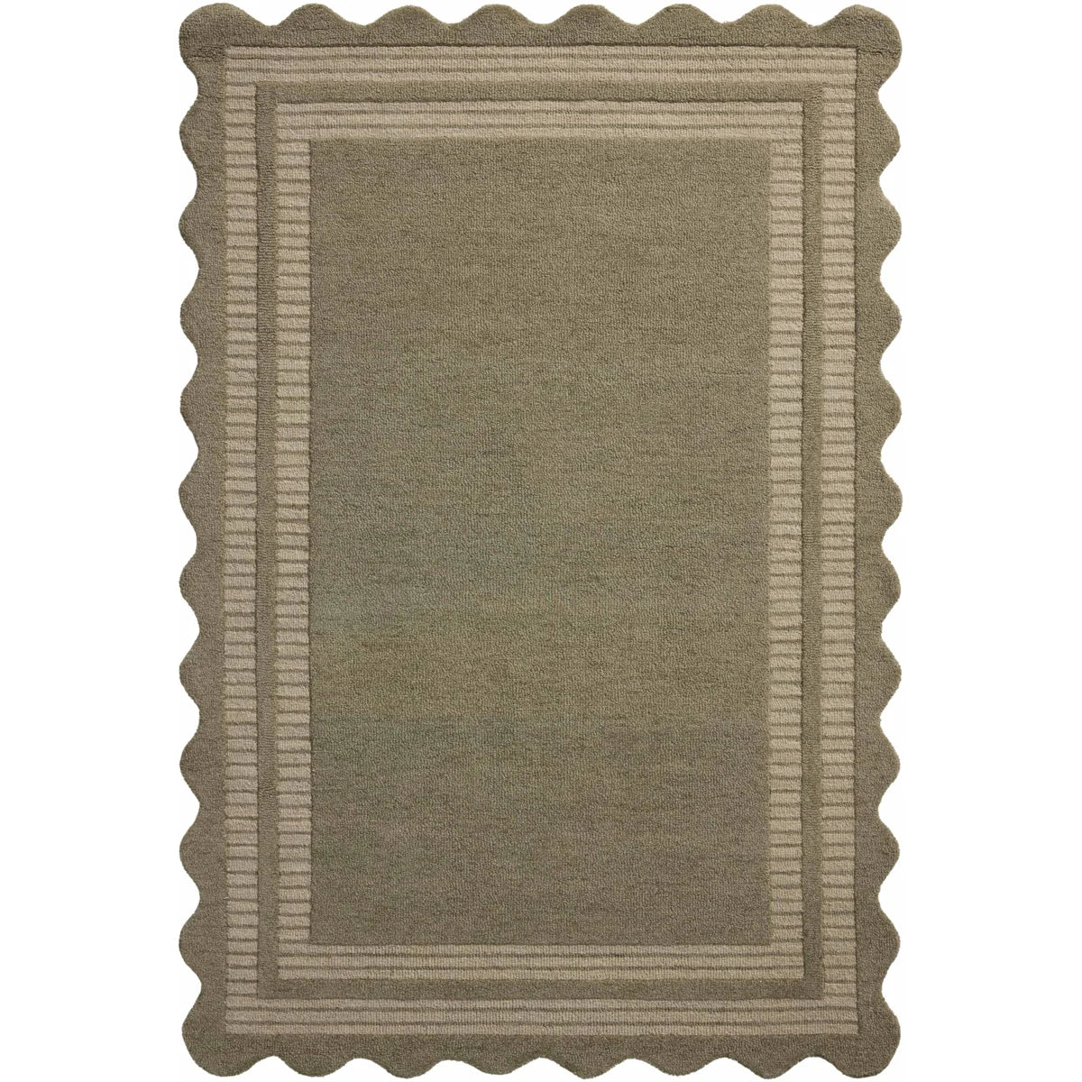 A rectangular area rug with a scalloped border and striped inner border, shown flat against a white background.