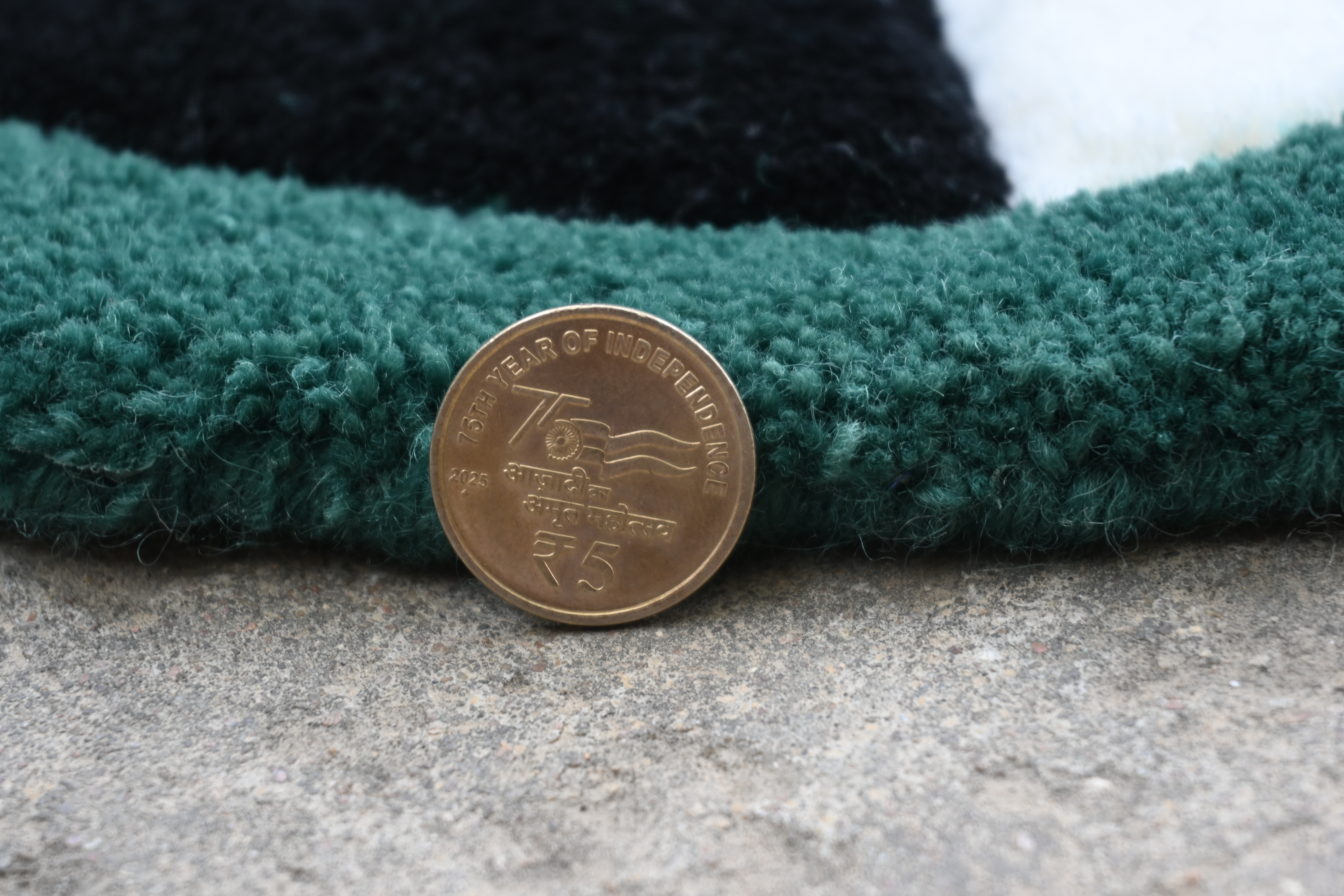 Bronze coin with 'Year of the Monkey' inscription on a green textured surface