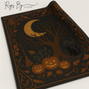 "Hand-tufted Halloween rug by Rugs By Avnoor featuring a glowing crescent moon, bare tree, carved pumpkins, black cat, broom, and swirling smoke. Intricate autumn border with leaves, owl, and key motifs in rich brown and orange on a dark background. Cozy seasonal decor with high-low pile carving."