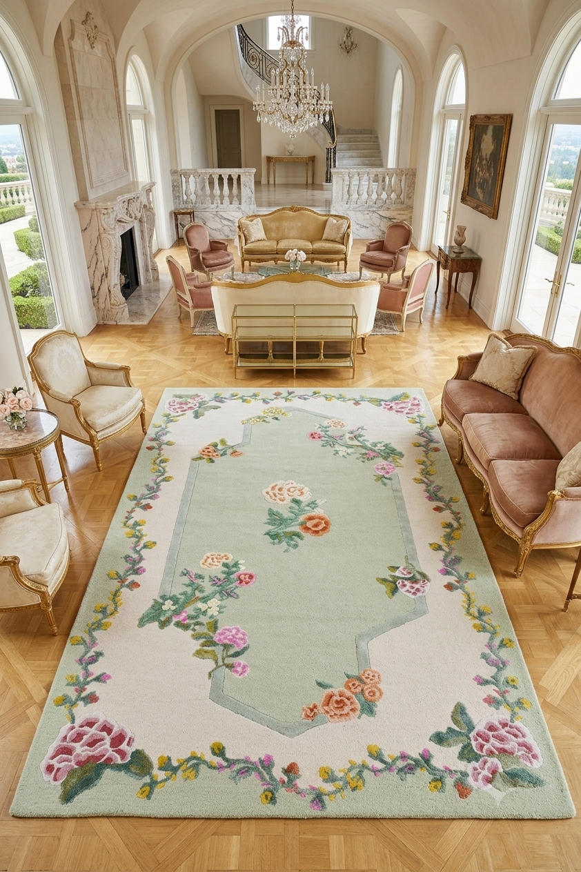 A large rectangular area rug with a pale green central panel and a floral border, displayed in a luxurious, high-ceilinged vintage-style living room with wood floors and elegant furniture.