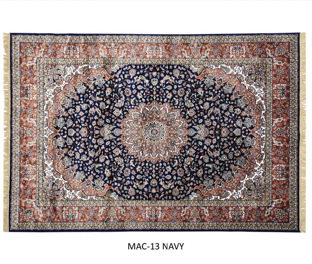 Afsaneh Royal Medallion Rug shown horizontally with navy floral field, central medallion, layered borders and cream fringe