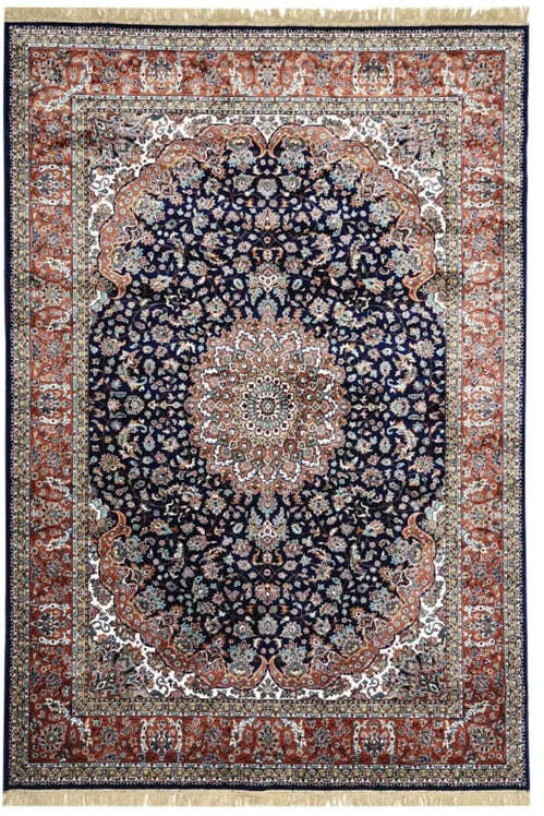 Afsaneh Royal Medallion Rug with deep navy floral field, ornate central medallion, rust border and cream fringe