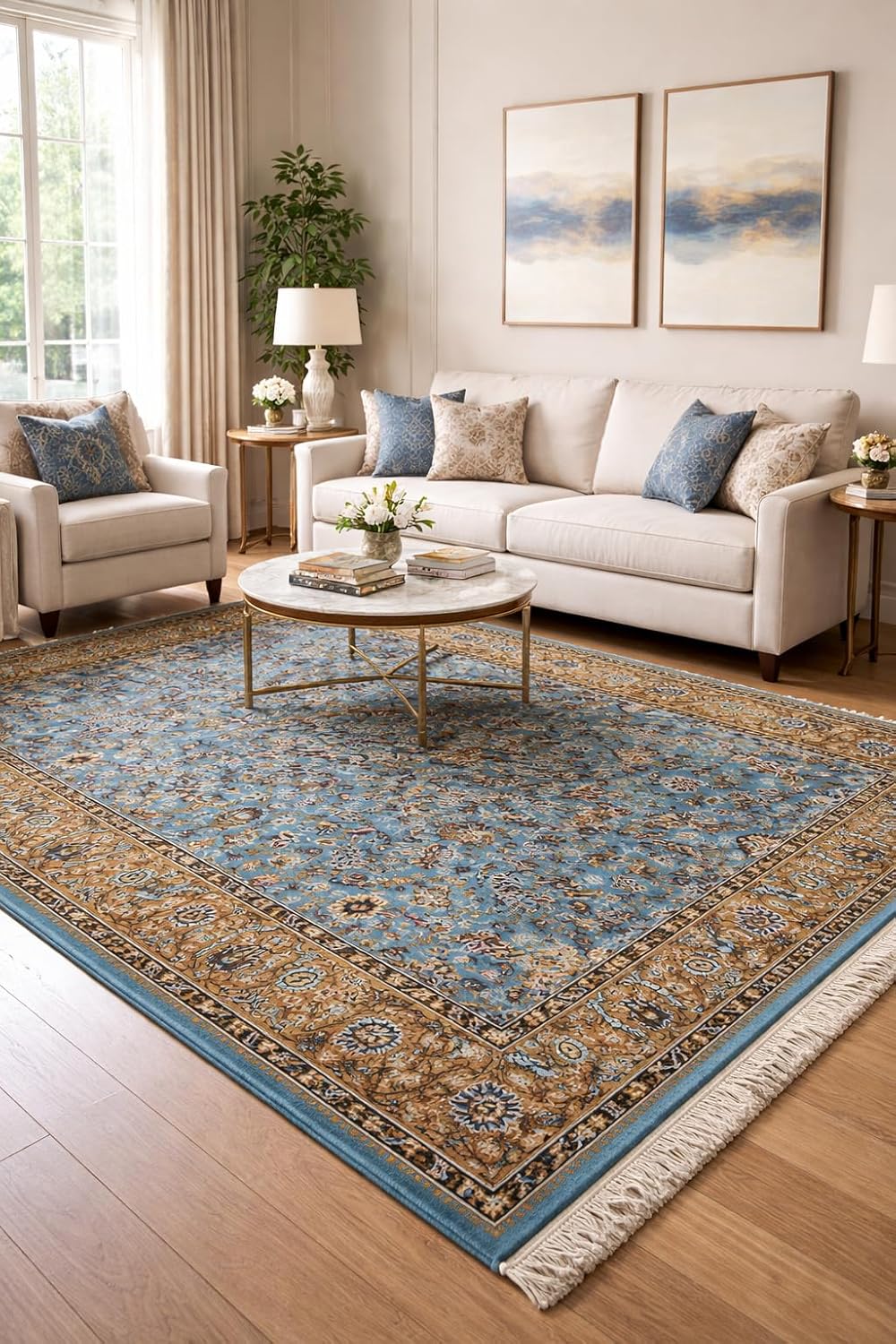 Almas Royal Floral Rug styled in a living room beneath a coffee table and sofa