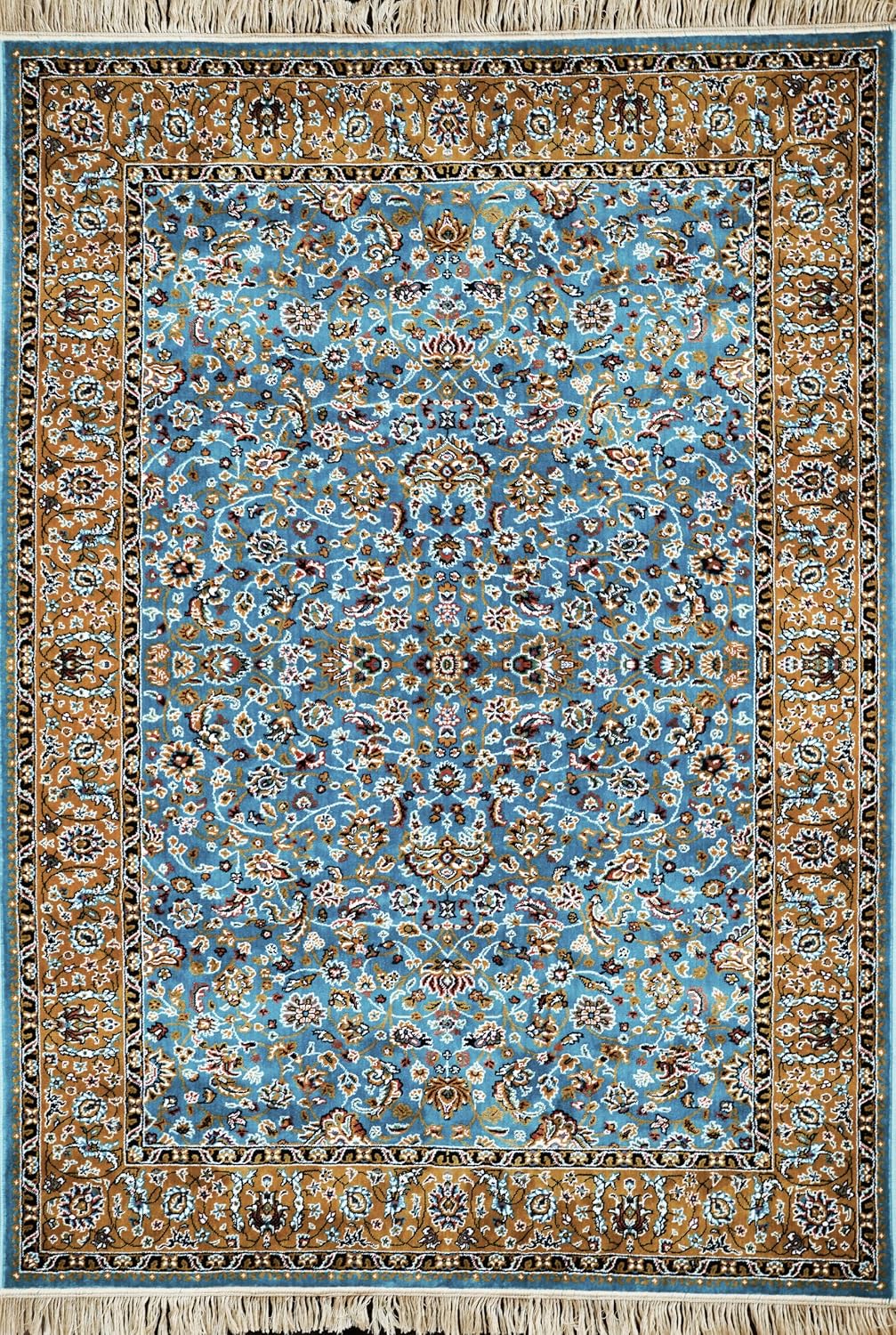 Almas Royal Floral Rug with blue field, intricate floral motifs, ornate border and fringe