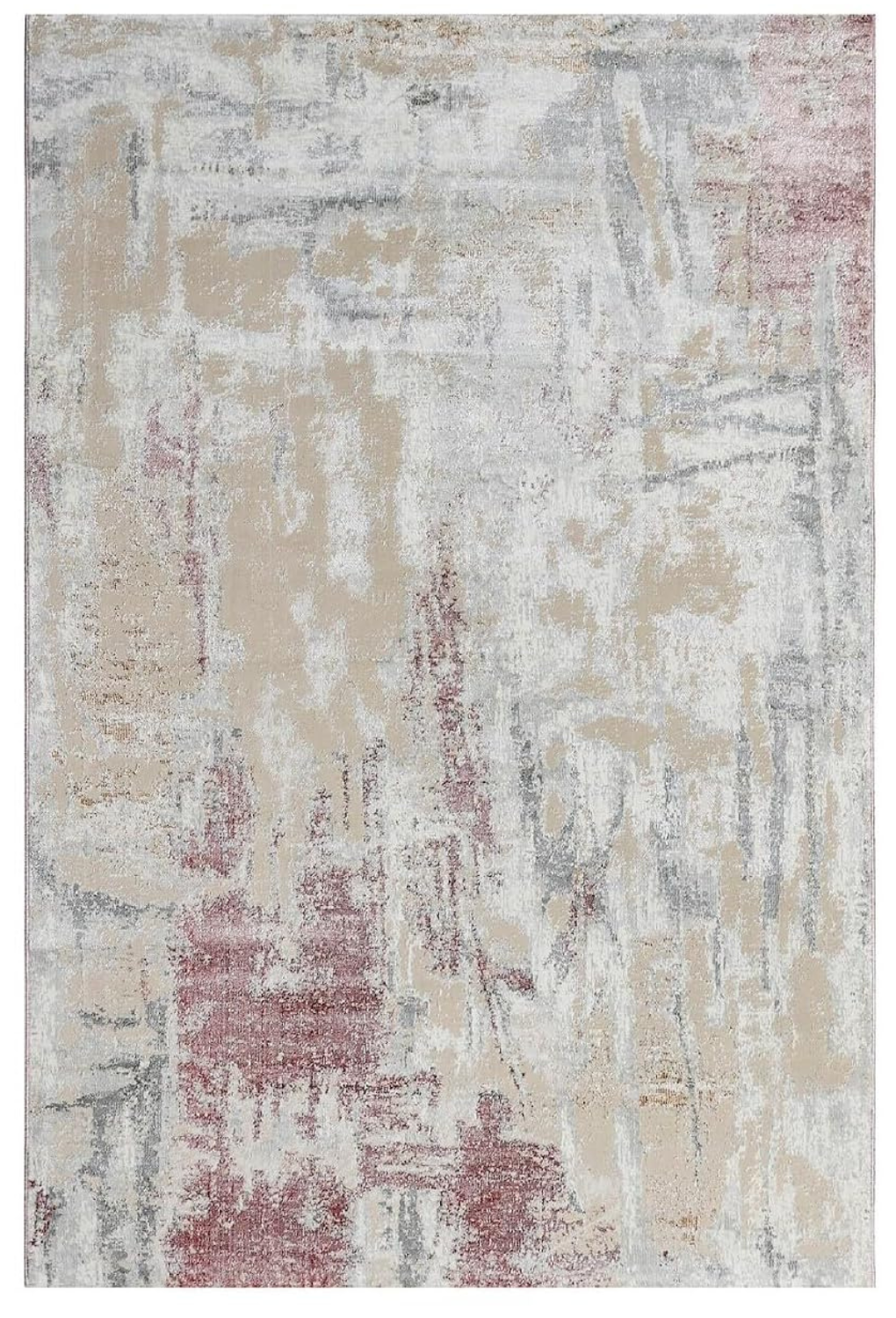 Amselle modern abstract rug featuring a distressed pattern in ivory, beige, dusty rose, muted mauve and grey.