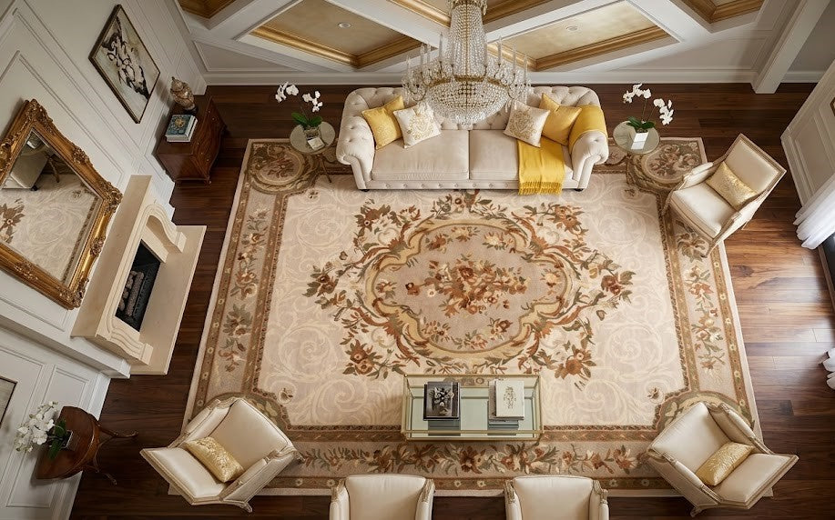Hand-tufted Arenza wool rug in a classic ivory and beige palette with an ornate central floral medallion and decorative border in a luxurious living room