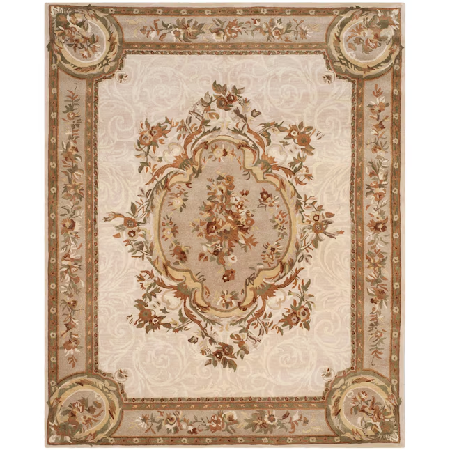 Arenza hand-tufted wool rug with an ivory field, ornate floral medallion, decorative corner details, and botanical border