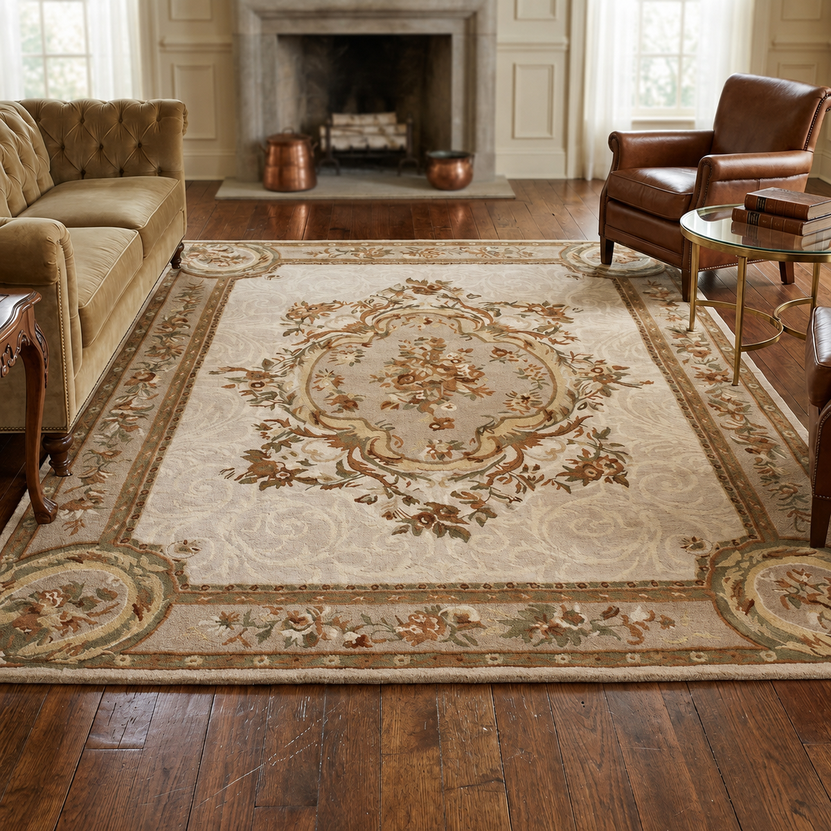 Arenza hand-tufted wool rug featuring an ivory field, ornate central floral medallion, and intricate beige and brown border in a traditional living room