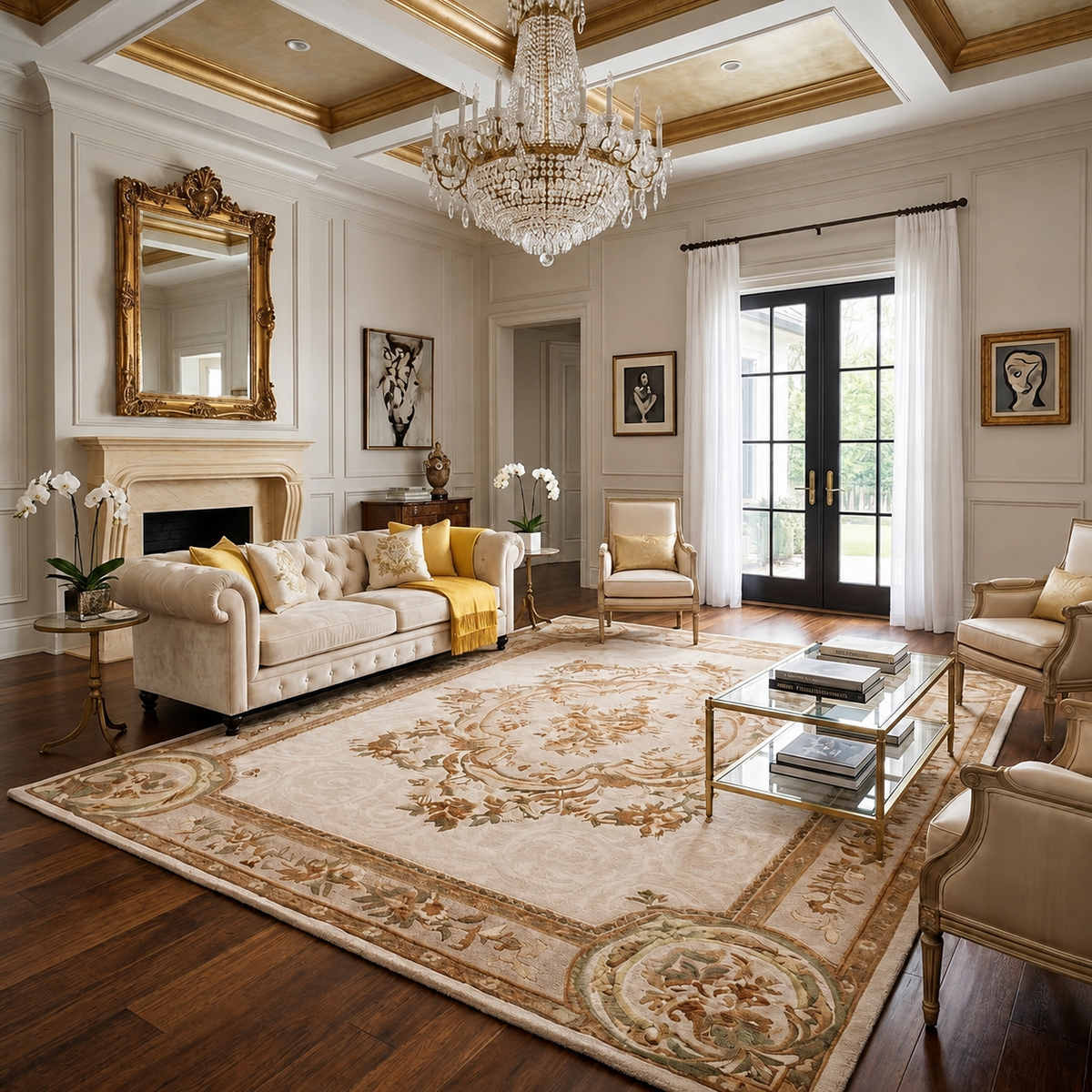 Arenza ivory wool rug with an ornate floral medallion and detailed botanical border styled in an elegant living room