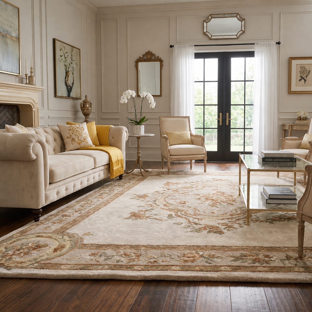 Arenza traditional wool rug shown from above with an ivory field, central floral medallion, ornate border, and muted earthy accents
