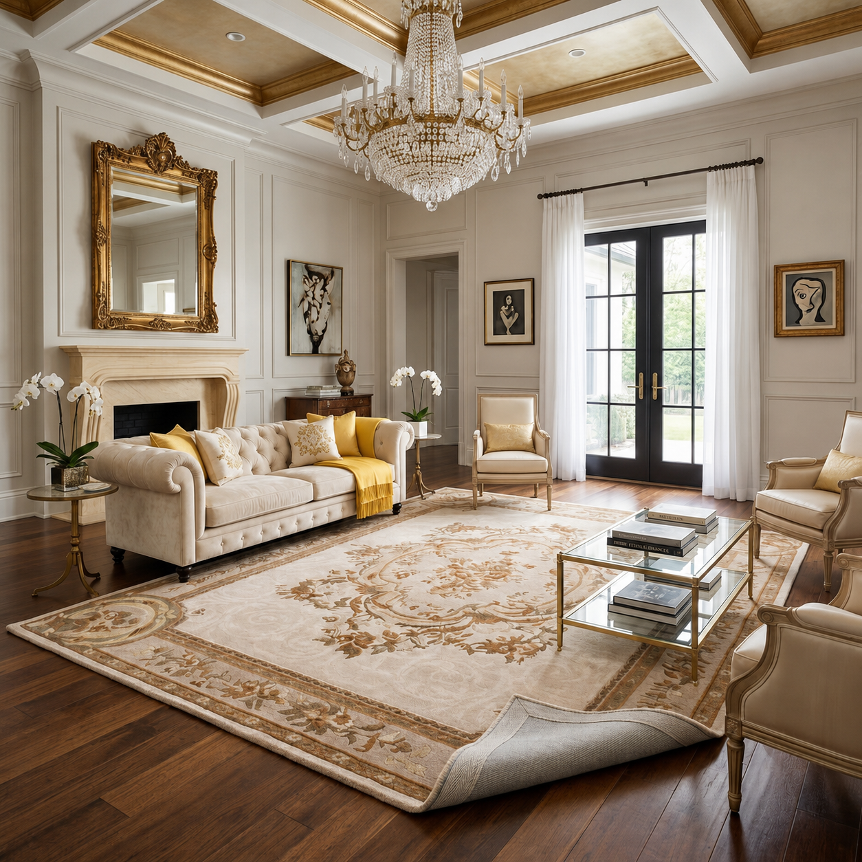 Arenza hand-tufted traditional wool rug with an ivory floral medallion and ornate border in an elegant classic interior