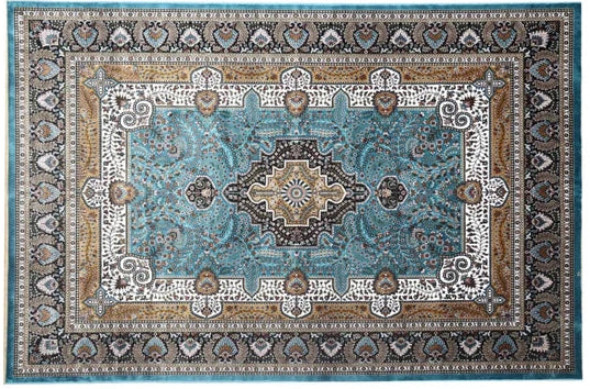 Arezou Royal Medallion Rug shown horizontally with its blue field, elongated central medallion and layered decorative borders